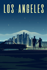 Los Angeles. Man and Woman look at the night city. Couple in love. Cityscape.