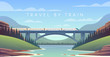 steam locomotive, vacation, mountain landscape, railway, adventure. Sunset. The bridge across the river.