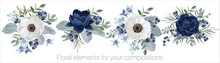 Vector Floral Set With Leaves And Flowers. Elements For Your Compositions, Greeting Cards Or Wedding Invitations. Blue And White Anemones