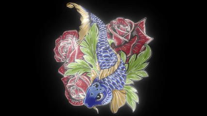 Sticker - Koi, carp fish with peony flowers, lotuses and water splashes. video animation