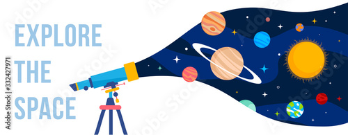 Fotomural Vector creative template with illustration of telescope and planet of solar system on color background
