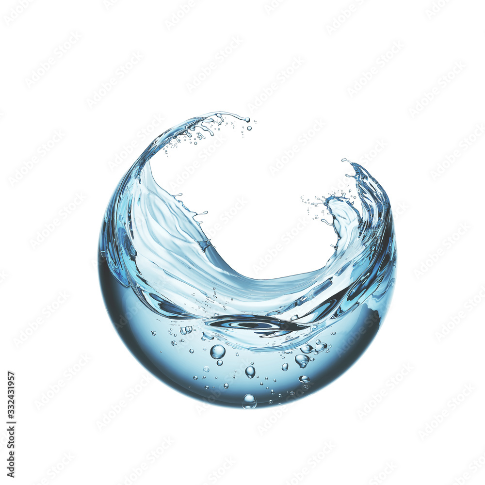 water liquid splash in sphere shape isolated on white background, 3d illustration. - obrazy, fototapety, plakaty 