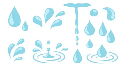 Wall Mural - Water drops. Cartoon tears, nature splash elements. Isolated raindrop or sweat, wet droplets of dew shapes. Isolated aqua vector icons. Rain and wet drop, droplet shape aqua blue illustration