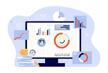 Financial Report And Accounting. Audit, Investment Success Or Tax Reports. Computer Screen, Charts And Graphs. Account Business Programm Vector Illustration. Analysis Audit Management Infographic
