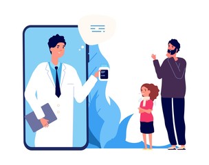 Sticker - Doctor online. Sick girl, father and nurse by video link. Remote treatment, medical consultation vector illustration. Medicine online, doctor medical health, consultation smartphone