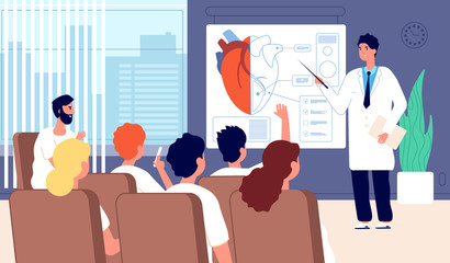 Medical conference. Doctor showing heart, physician training. Lecture, students classroom seminar. Cardiac surgery meeting vector concept. Illustration doctor lecture, healthcare organ heart