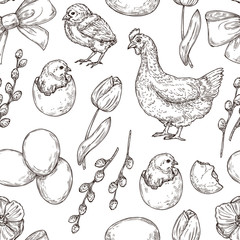 Poster - Chicken pattern. Hand drawn art bird. Spring easter background. Graphic eggs, tulips and rooster, prints for package vector seamless texture. Spring chicken and egg, tulip and easter illustration