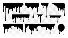Dripping Ink. Melting Paint, Liquid Drops Black Oil. Isolated Splashes, Graffiti Elements. Spray Stream Or Flow Trickle Vector Set. Dripping Melting, Spatter Graffiti Illustration