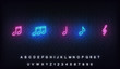 Music notes neon template. Musical notes glowing sign