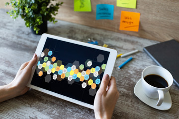 Colored APPS icons on tablet screen. Personal application and software development. Internet and technology concept.