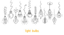Vector Set Of Hand Drawn Hanging Light Bulbs And Wires. Symbol Of Light Bulb Idea