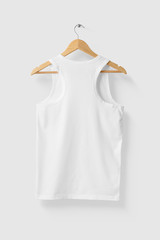 Wall Mural - Blank White Tank Top Shirt Mock-up on wooden hanger, rear side view. High resolution.