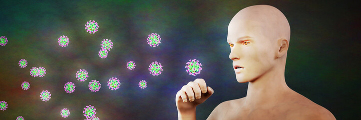 sick man coughing, coronavirus, Covid-19, Sars-CoV-2 (3d render on colourful background, banner)