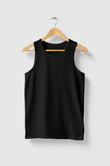 Wall Mural - Black Tank Top Shirt Mock-up on wooden hanger, front side view. High resolution.