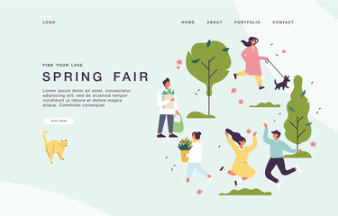 Landing page template for websites with with people enjoying their time outdoors in park. Cocept of spring fair.