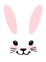 Simple Blank For Design. Head Of A Cute Bunny With Ears, Eyes And A Smile, Portrait Of A Cute Forest Animal. Vector Illustration Isolated On A White Background