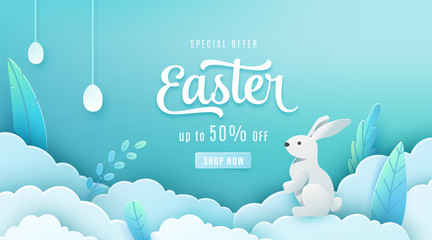 Wall Mural - Easter sale banner background. Paper cut style holiday discount offer template with pink cloud, red leaves, white egg, bunny. Spring vector backdrop with typography promo text