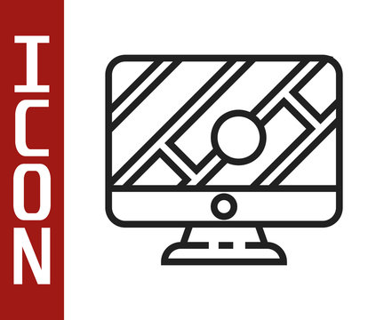 Black line Computer monitor and folded map with location marker icon isolated on white background. Vector Illustration
