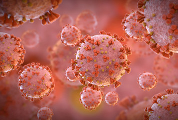 Poster - 3D rendering of the coronavirus on a microscopic level. Microscope close-up of the covid-19 disease. 2019-nCoV spreading in body cell