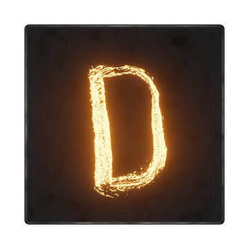 English letter D. The letters in the form of hot metal in a dark box with tecture. 3d render.