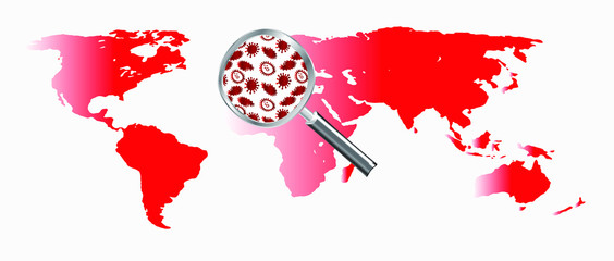 The virus spread throughout the red world map, magnifying glass is looking in macro mode to see the virus, bacteria - vector.