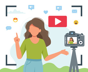 Leinwandbilder - Video blogger recording video with camera. Different social media icons. Cute vector illustration in flat style
