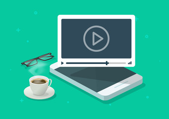 Poster - Online video webinar watching on mobile phone working desk or smartphone web courses or tutorial vector flat cartoon illustration, movie or film playing concept isometric modern design