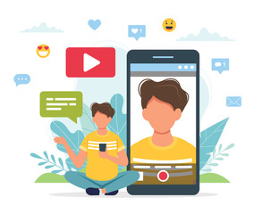 Leinwandbilder - Video blogger recording video with smartphone. Cute vector illustration in flat style