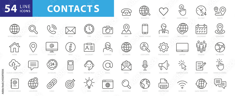 Set of 54 Contact Us web icons in line style. Web and mobile icon. Chat, support, message, phone. Vector illustration - obrazy, fototapety, plakaty 