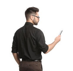 Sticker - Young businessman with smartphone on white background