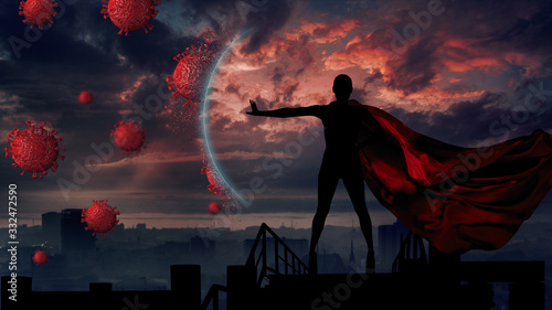 Fotomural Portrait of young hero woman with super person red cape protect city