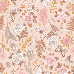  Pink seamless pattern with flowers.