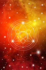 Philosopher stone sacred geometry spiritual new age futuristic illustration with transmutation interlocking circles, triangles and glowing particles in front of cosmic background