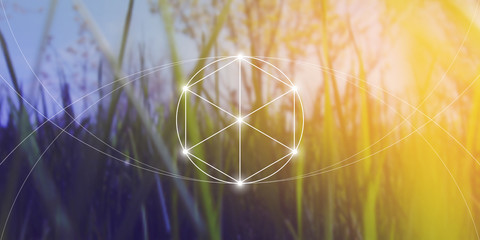 Philosopher stone sacred geometry spiritual new age futuristic illustration with transmutation interlocking circles, triangles and glowing particles in front of blurred background.