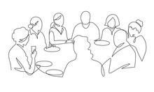 Birthday Party Continuous One Line Vector Drawing. B-day Celebration. Hand Drawn Family Dinner, Holiday, Festival. Woman And Guests Sitting At Table. Thanksgiving Day Illustration. Funeral Banquet