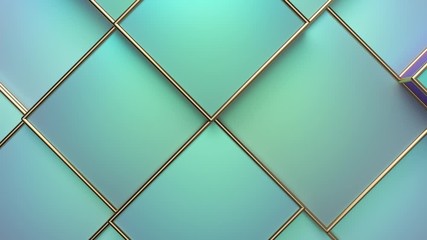 Poster - Pearlescent green moving cubic surface. Changing tiles. Motion design pattern. 3d loop animation. Dynamic boxes with golden frames. 4K seamless technology composition. Abstract background