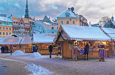 Poster - Traditional European Christmas market near Riga Cathedral