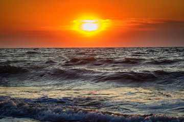 Poster - Sea waves and Beautiful dawn sunrise at sea. Seascape.