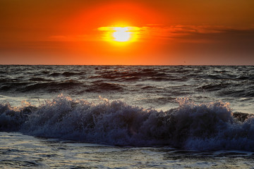 Poster - Sea waves and Beautiful dawn sunrise at sea. Seascape.