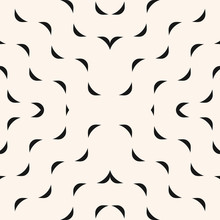 Vector Minimalist Geometric Seamless Pattern With Small Wavy Shapes, Curved Lines. Simple Abstract Monochrome Texture With Concentric Waves. Modern Black And White Background. Repeatable Design