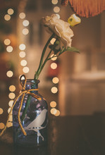Beautiful Still Life With A Blue Bottle And A White Rose In Gentle Light With A Rich Bokeh In Background.