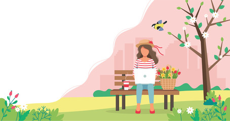 Leinwandbilder - Woman with laptop sitting on the bench and spring flowers in basket. Cute vector illustration in flat style.