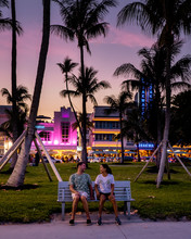 Miami Beach, Colorful Art Deco District At Night Miami Florida