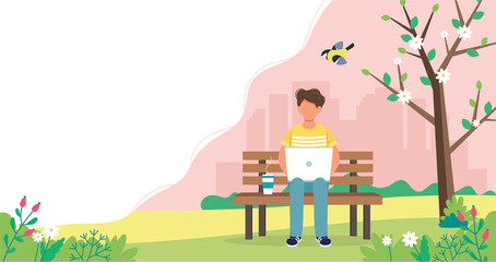 Leinwandbilder - Man with laptop sitting on the bench with coffee. Cute vector illustration in flat style.