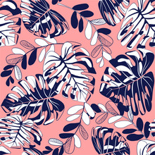 Summer Exotic Floral Tropical Palm, Banana Leaves In Blue Style. Pattern Vector Seamless On The Pink Background. Plant Flower Nature Wallpaper