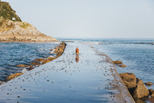 Red Dog Running On Wet Stone Pier With Sea Waves On Rocky Spanish Coast With Clear Sky In Background