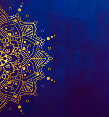 Wall Mural - gold pattern ornament on blue watercolor background