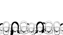 People Men And Women With Surgical, Medical Mask On Their Faces. Air Pollution, Influenza Epidemic Of A Deadly Strain, Coronavirus, Virus Protection Illustration. Crowd In A Row Vector Sketch