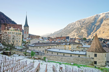 Canvas Print - Church of St Martin and vineyard of Chur at sunrise