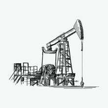Hand-drawn Sketch Of Oil Pump For Oil Extracting. The Main Industry Of Azerbaijan Oil Extracting. Oil And Gas Production